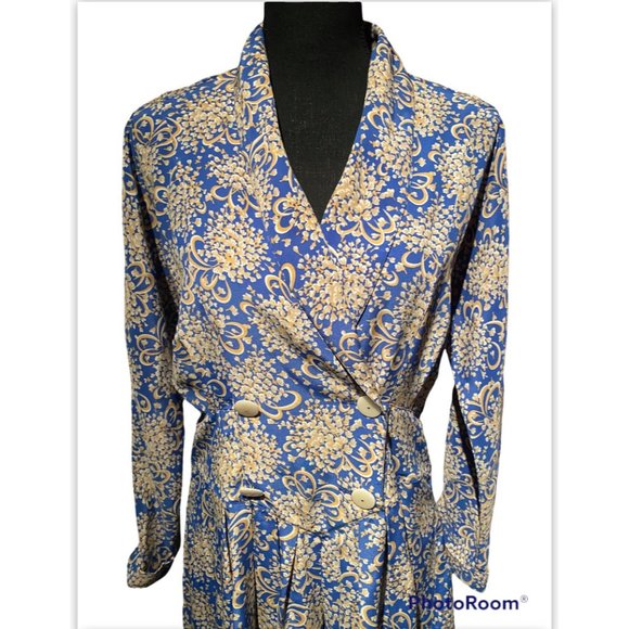 LESLIE FAYE BLUE/MUSTARD PRINT VINTAGE DRESS SZ 6 (FITS 8/10) - Picture 2 of 5